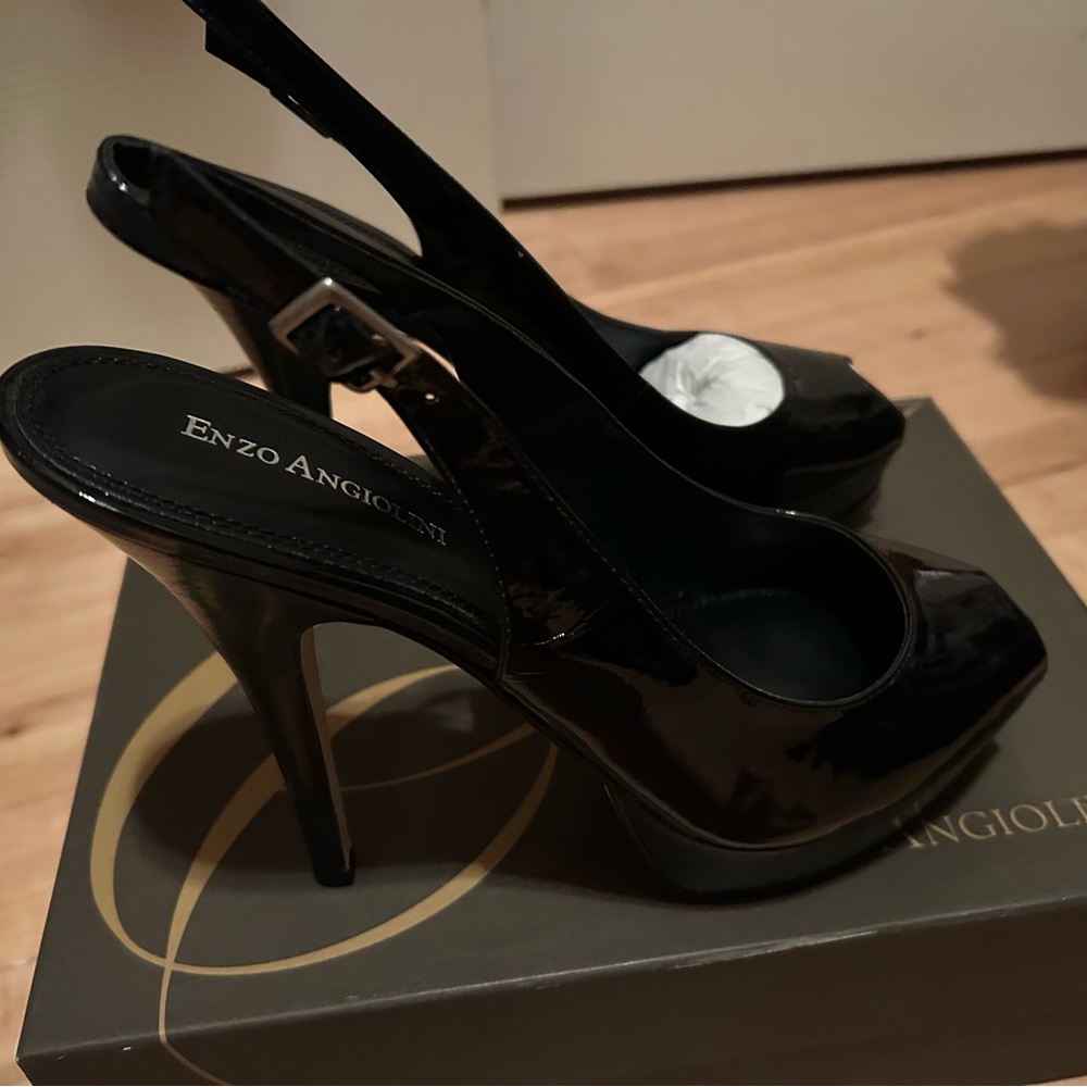 Enzo Angiolini Size 8.5 Black Patent Leather Sling Back Stiletto 5” heel NIB